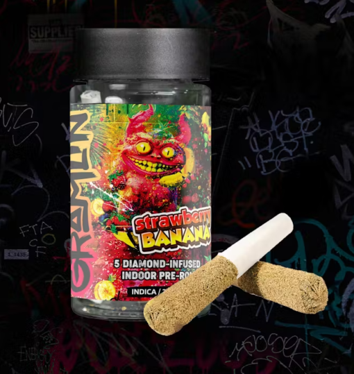 Gramlin Cannabis Strawberry Banana 2.5g Diamond infused prerolls 5pk